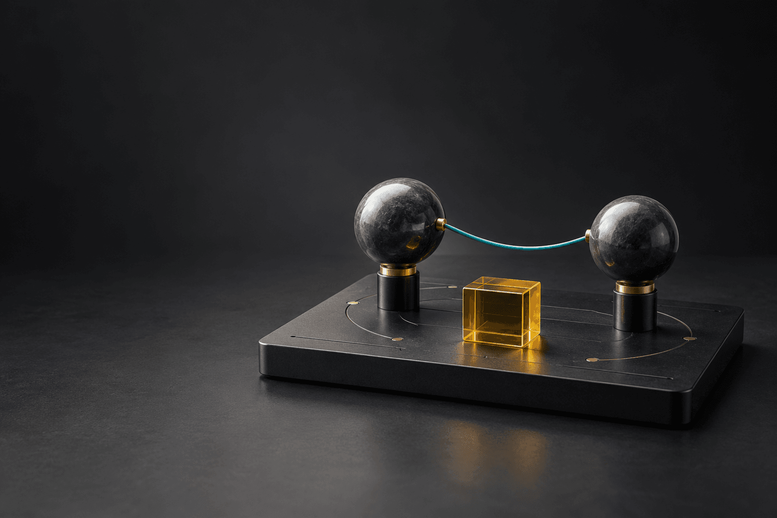 Conceptual studio illustration of two graphite spheres connected by a turquoise wire beside a yellow glass block
