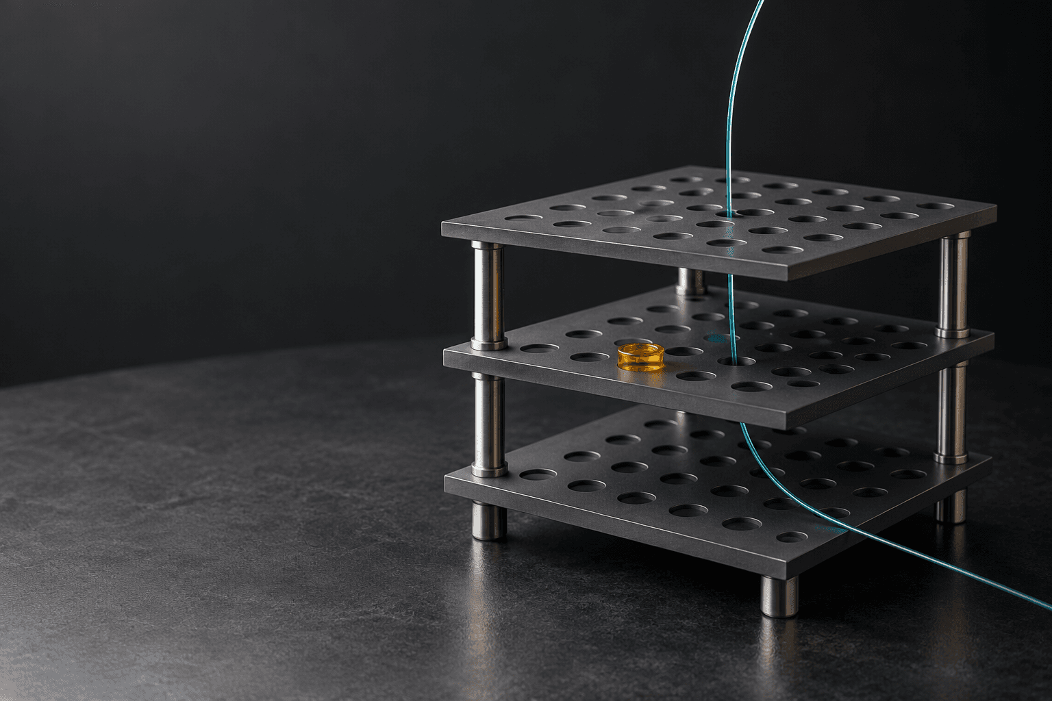 Conceptual studio illustration of three machined graphite layers with a yellow glass insert and turquoise filament