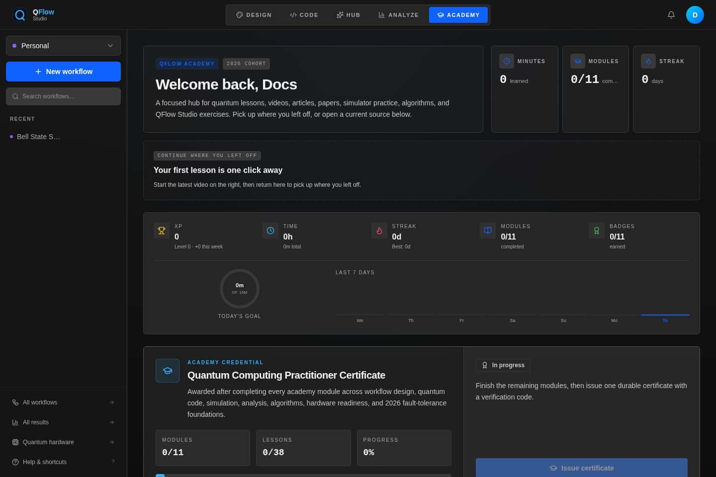 QFlow Studio learning academy interface