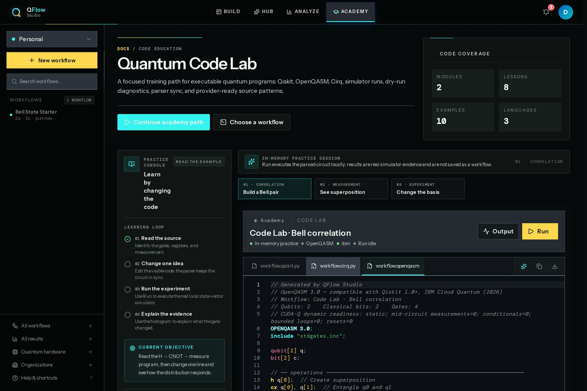 QFlow Studio code lab screen used for a Grover sample workflow