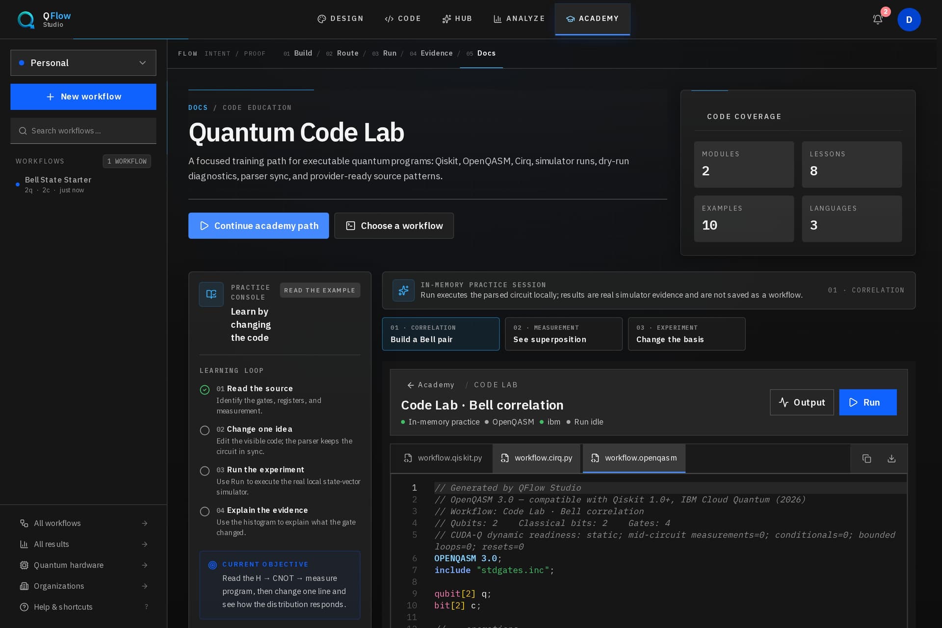 QFlow code lab screen used for a Grover sample workflow