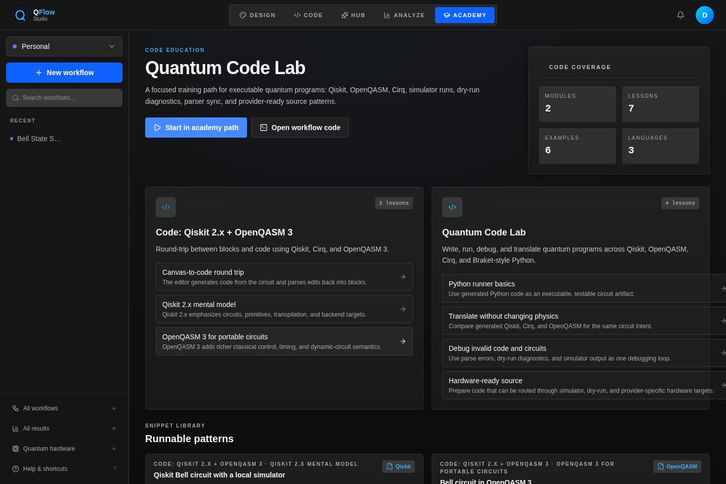 QFlow code lab screen used for a Grover sample workflow