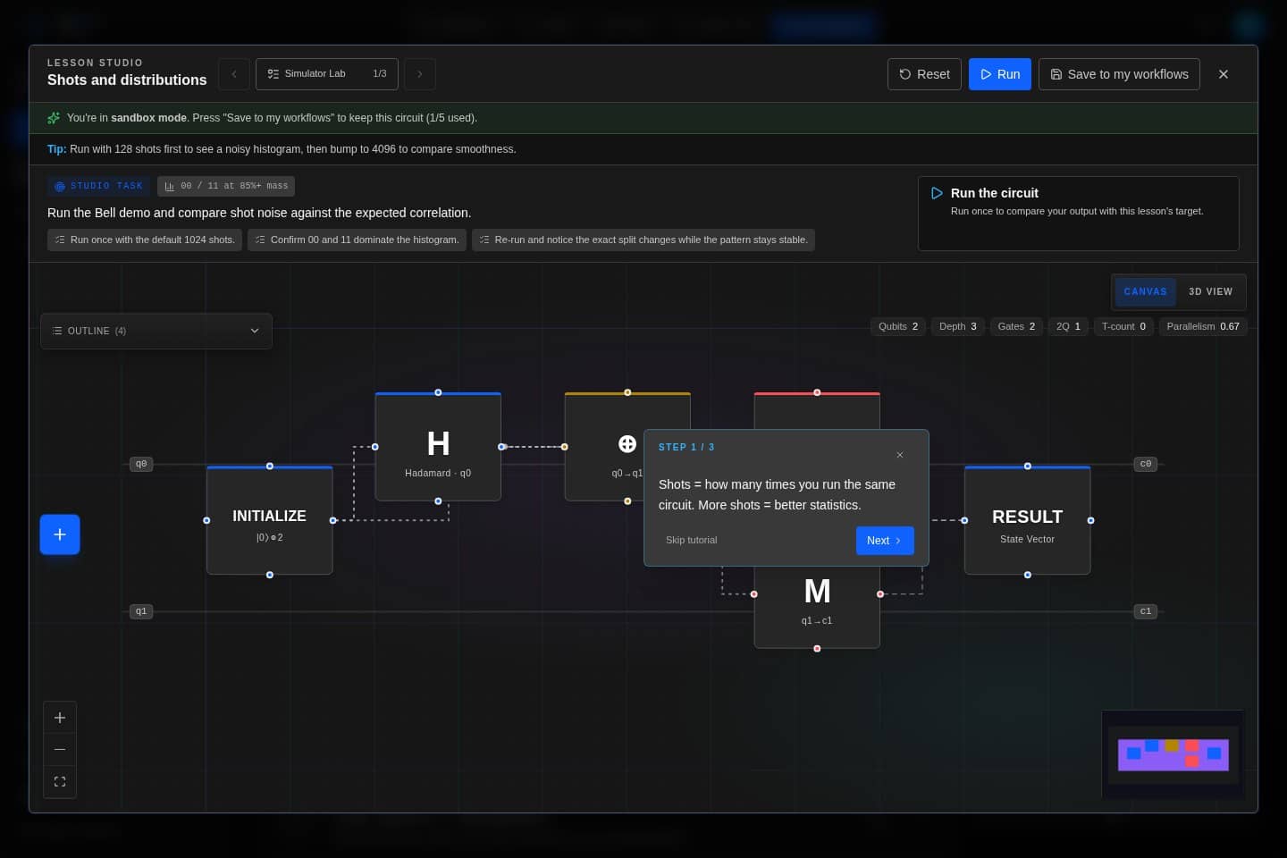 QFlow Studio lesson studio modal with lesson controls and run checks