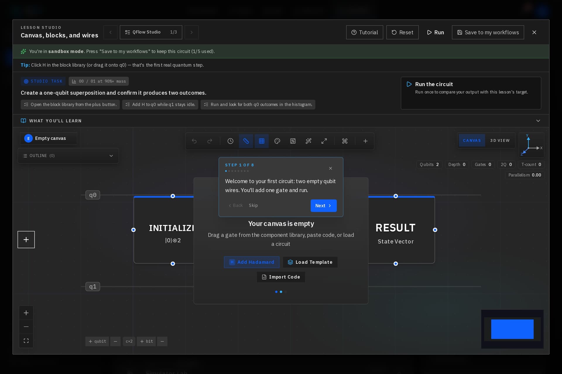 QFlow Academy learning workspace for quantum computing lessons and progress