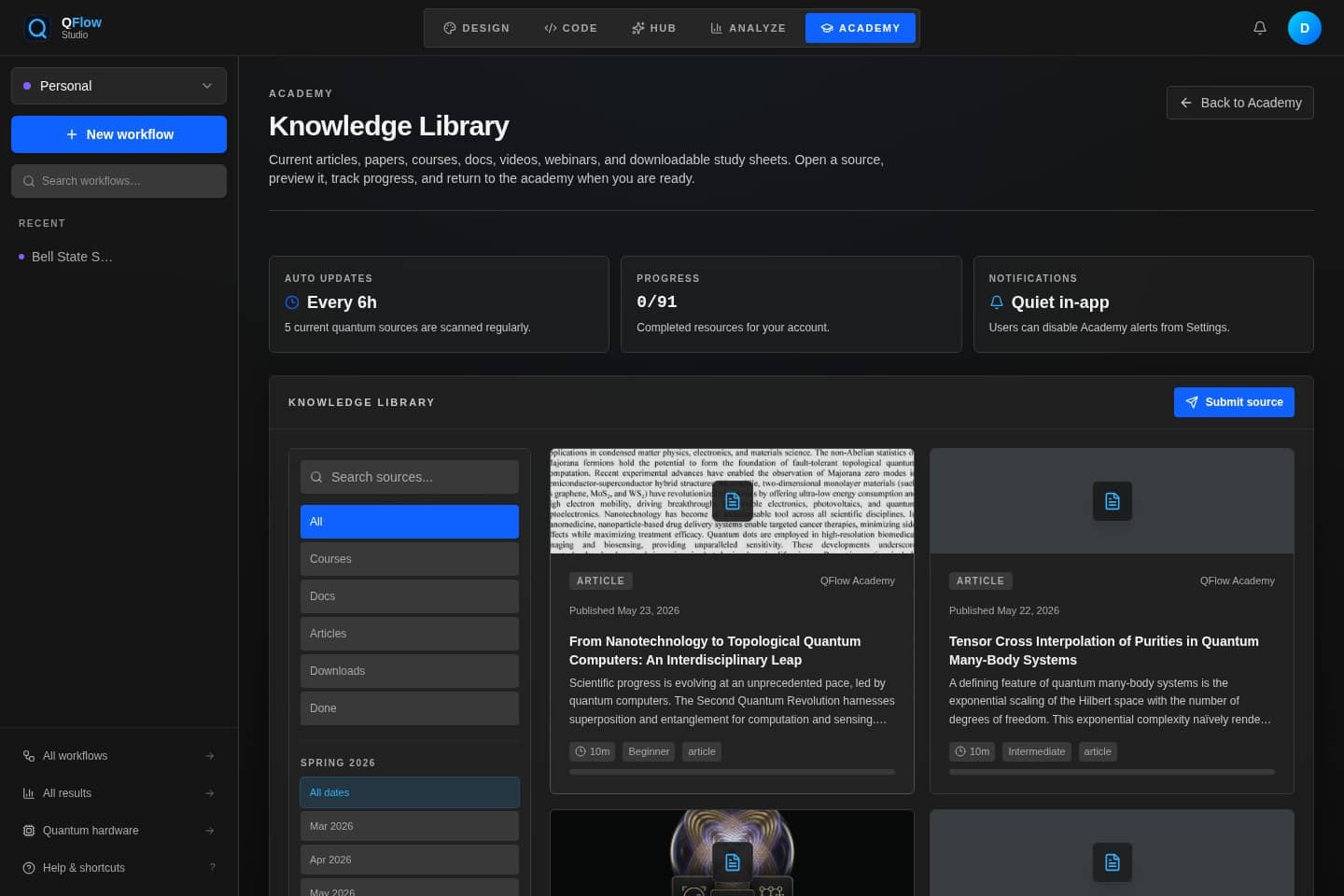 QFlow Studio learning resource library with search and resource cards