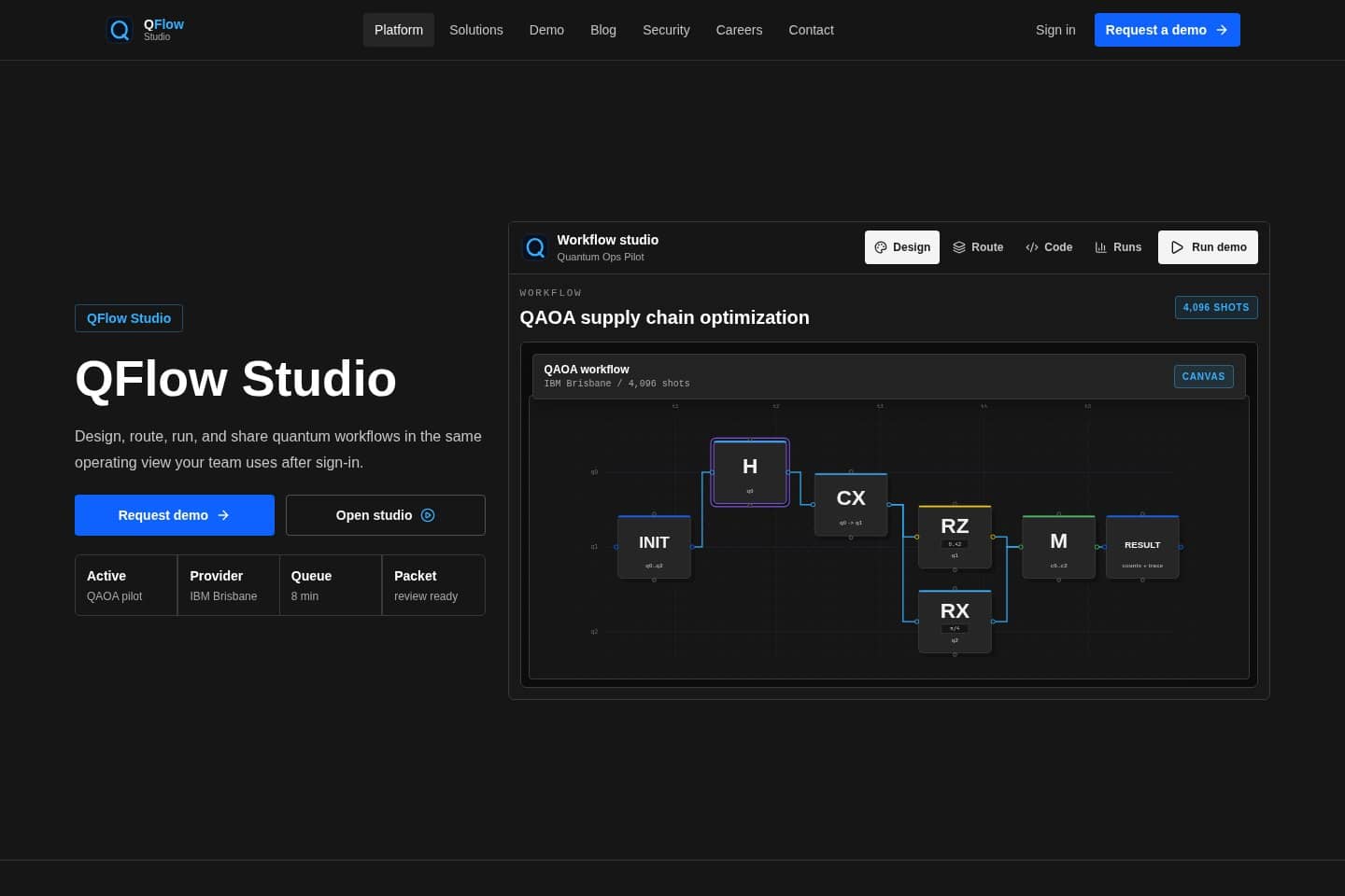 QFlow Studio public homepage hero showing workflow proof concept