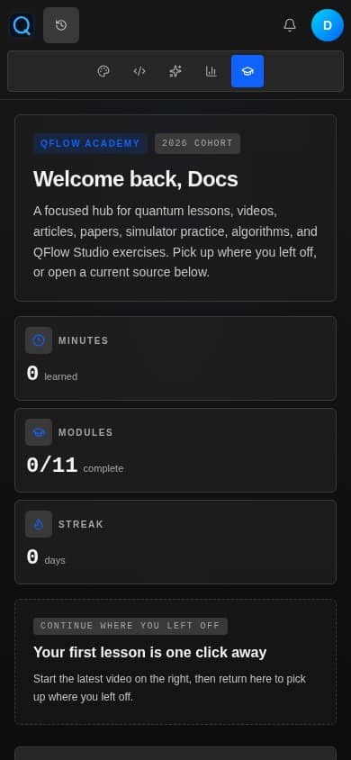Mobile QFlow Studio academy showing responsive learning progress