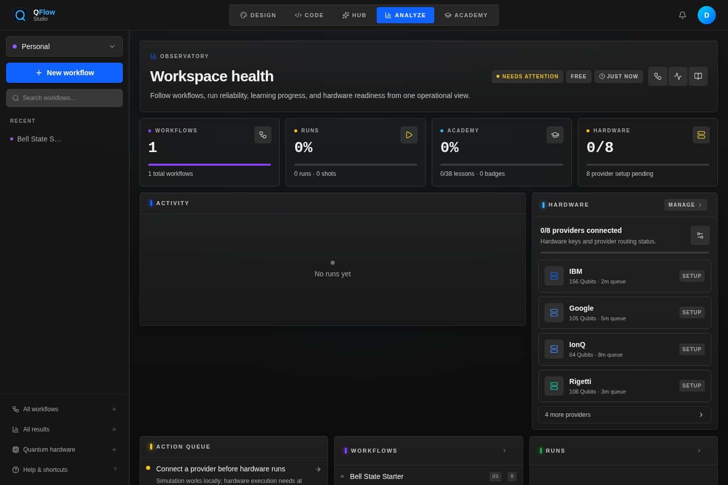 QFlow Studio observatory dashboard for quantum operations