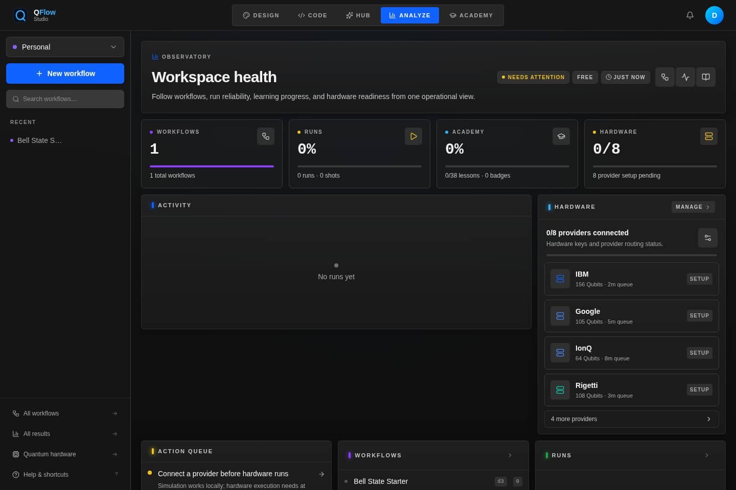QFlow Studio observatory dashboard with operational readiness signals