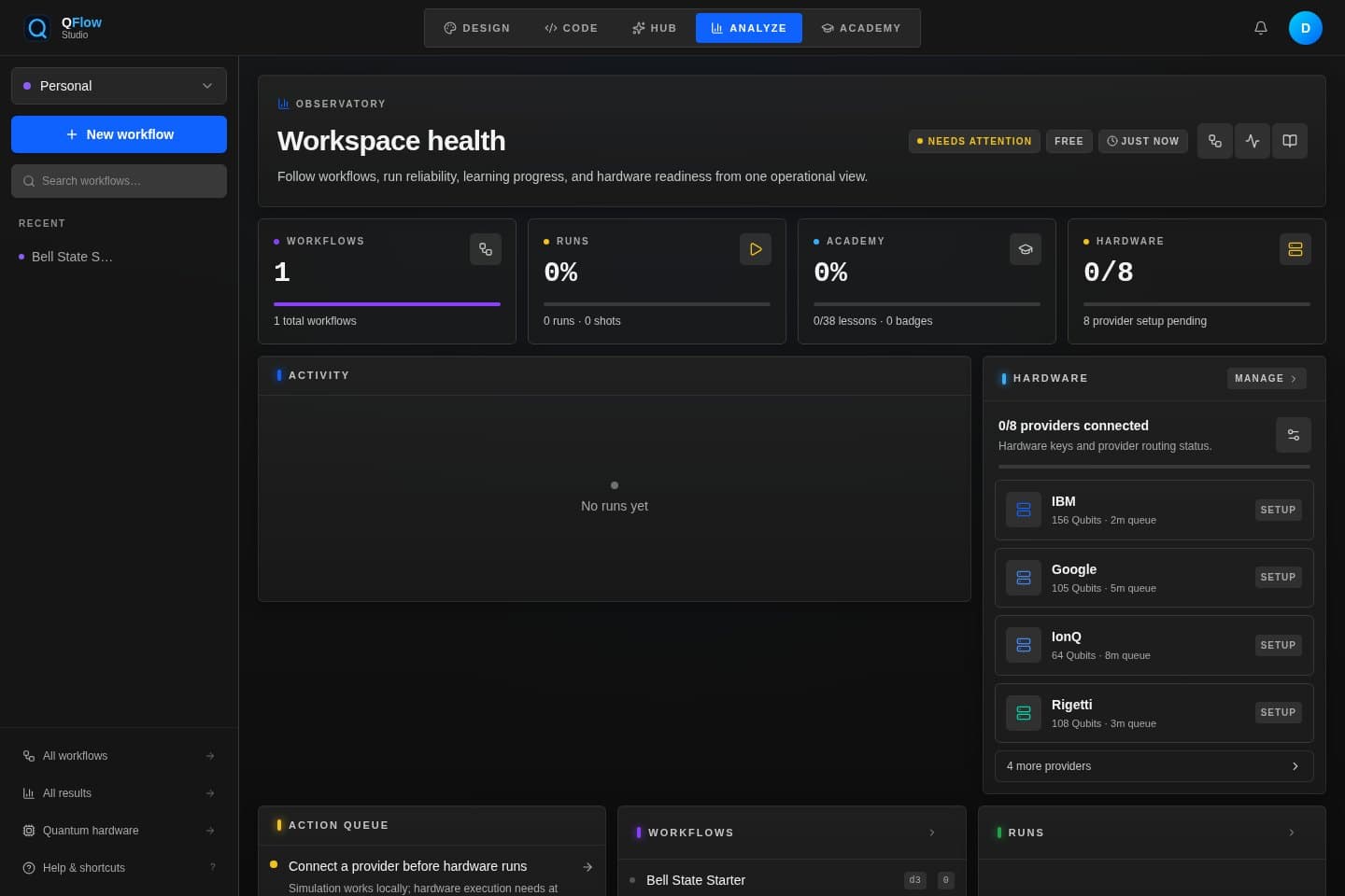QFlow observatory dashboard showing workflow, run, academy, and hardware readiness