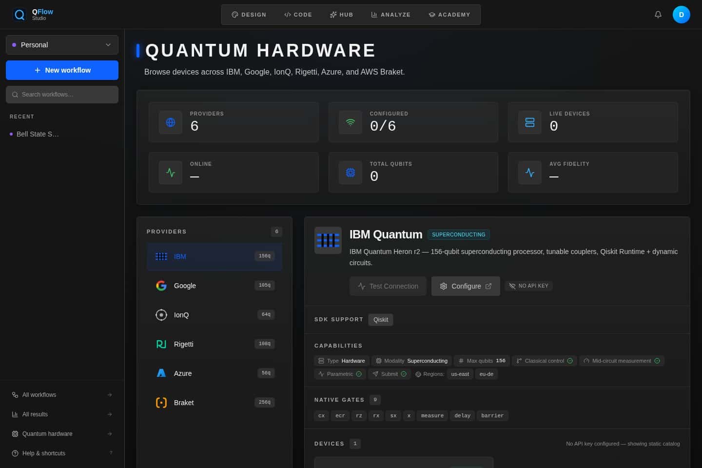 QFlow Studio provider connections screen
