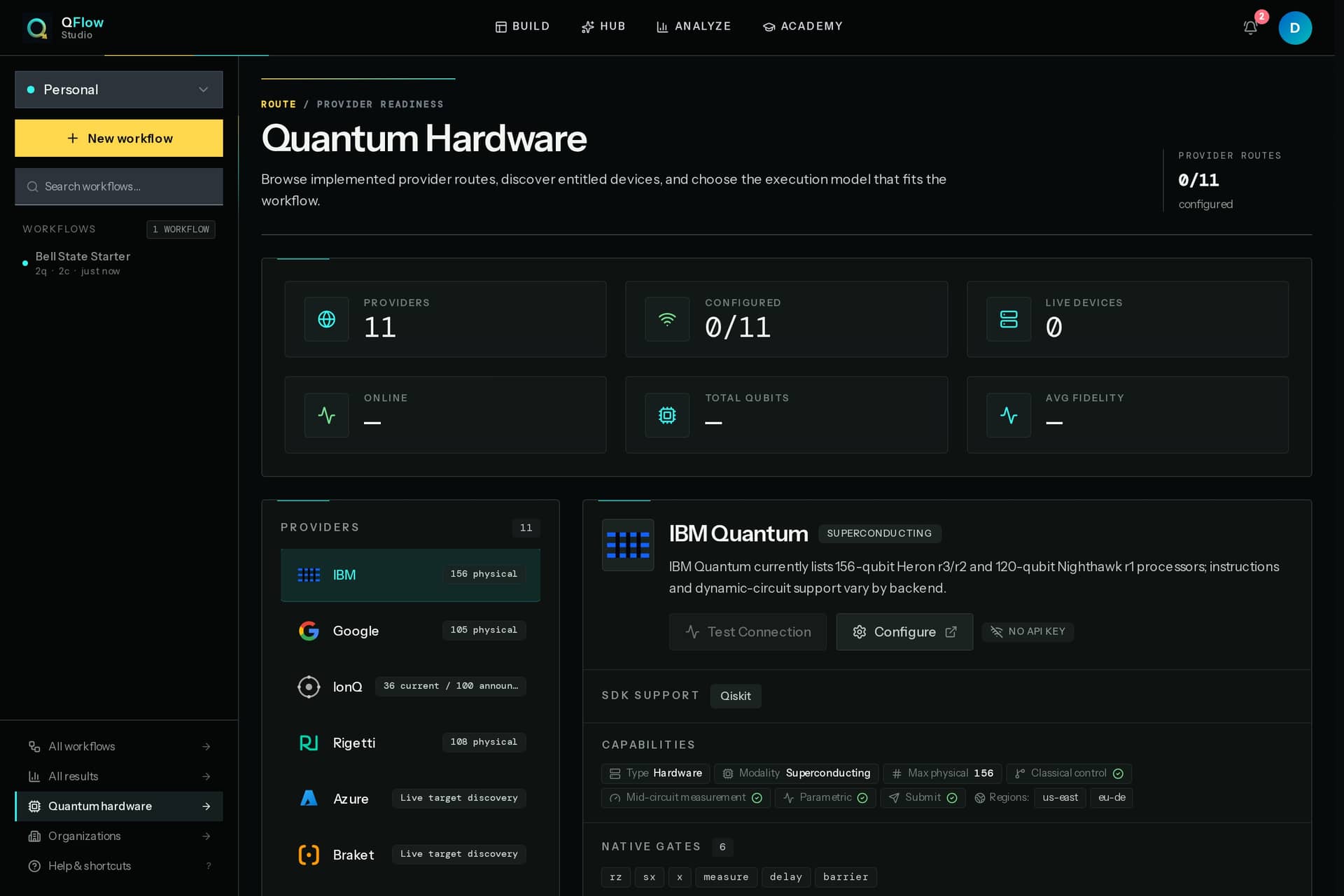 QFlow Studio provider connections screen