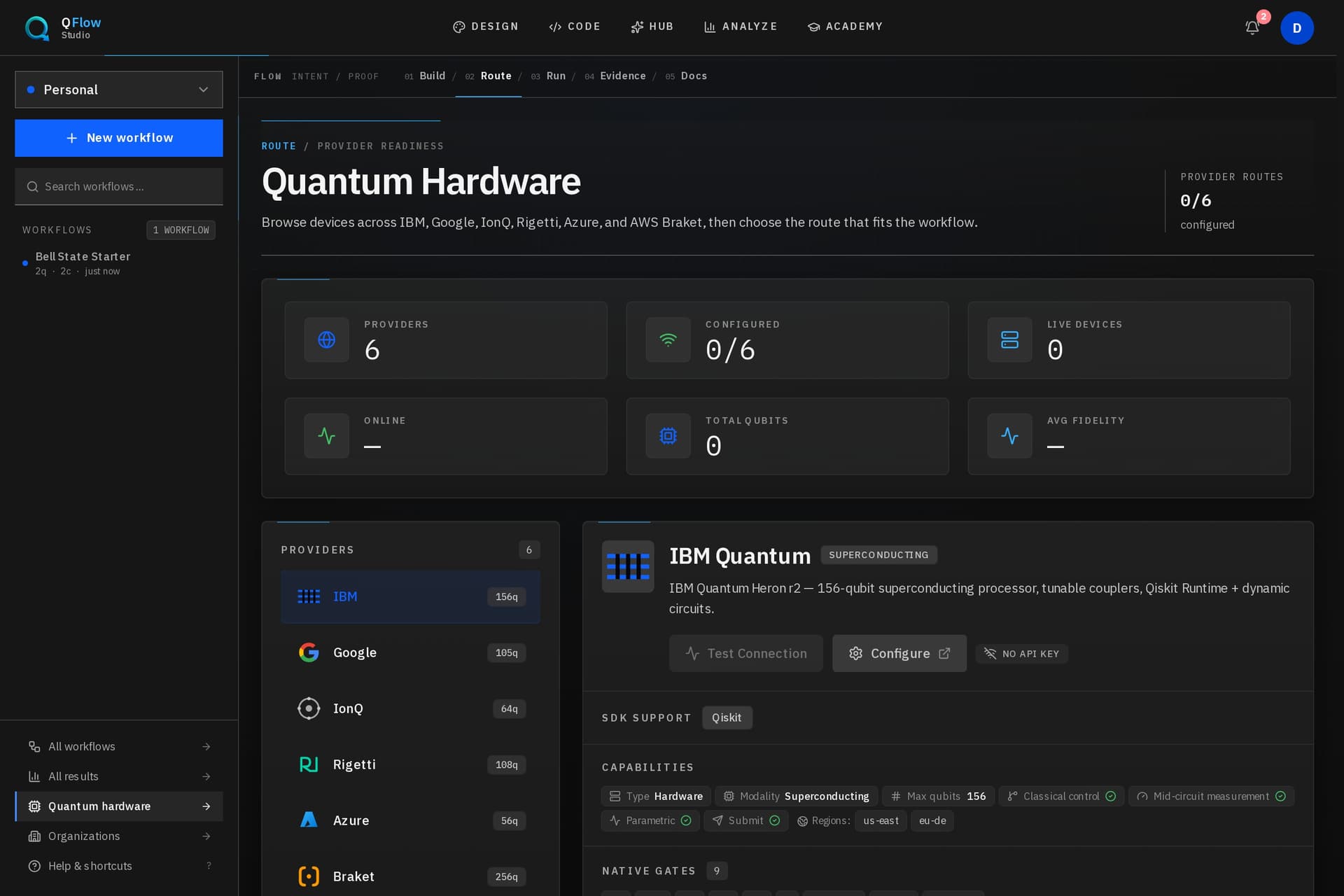 QFlow provider connections screen for comparing quantum platform workflow context