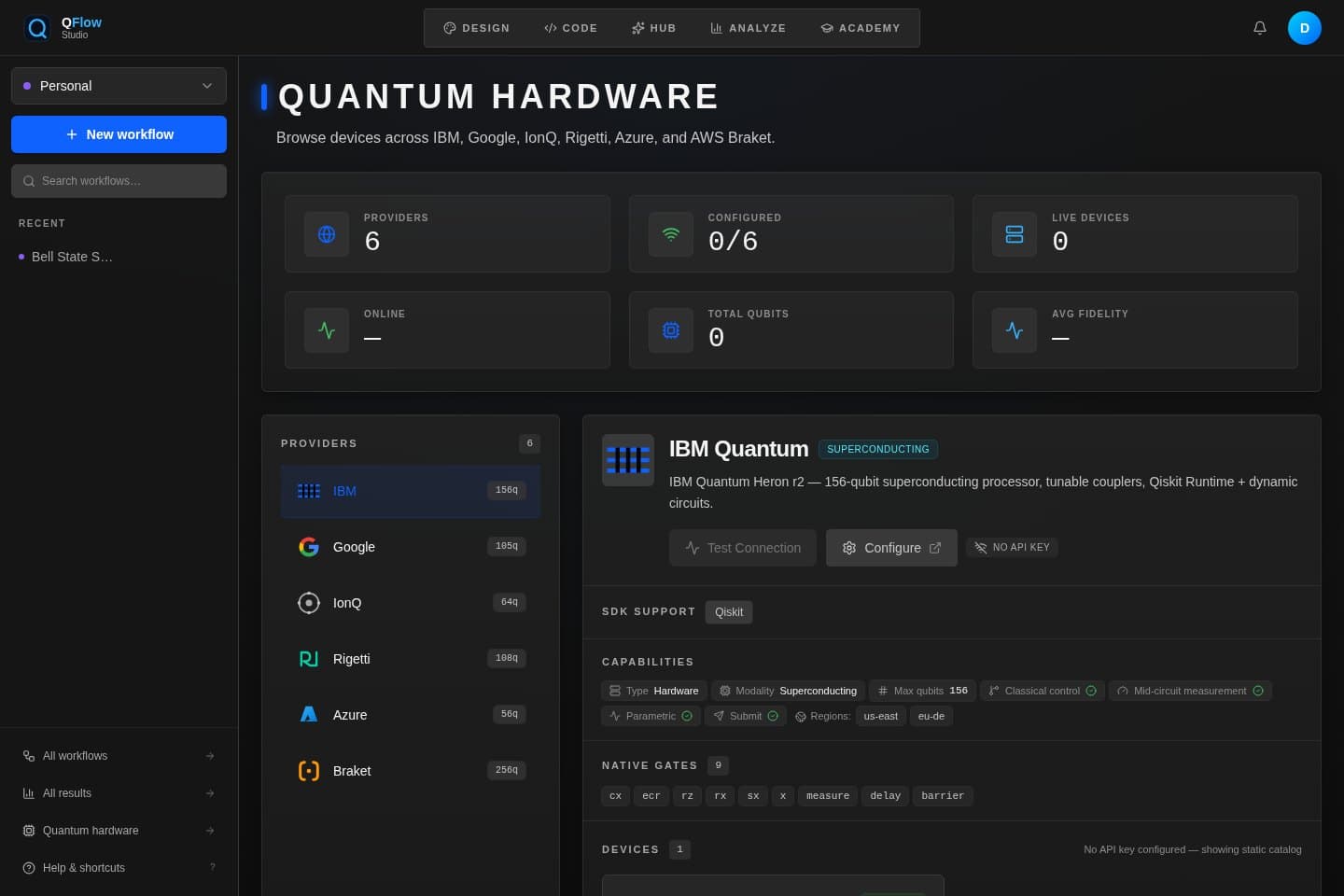 QFlow provider connections screen for comparing quantum platform workflow context