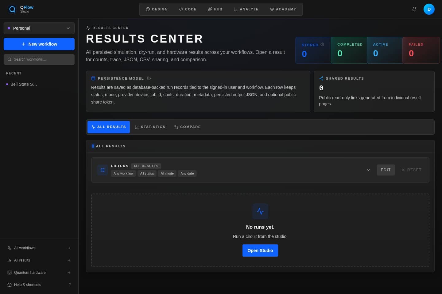 QFlow Studio runs history page with execution records