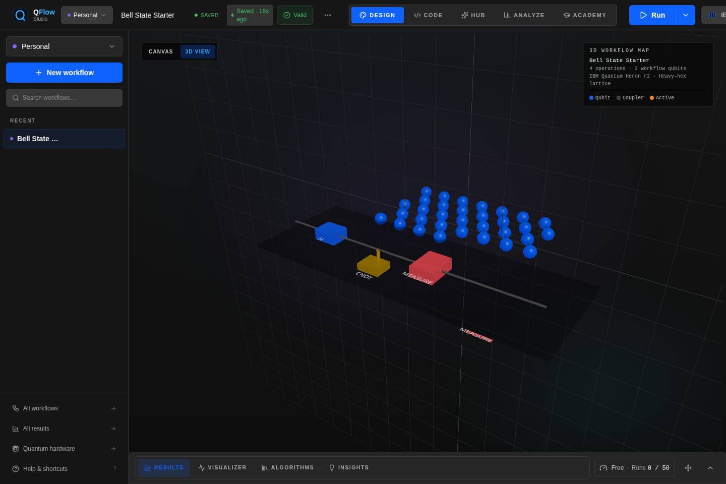 QFlow Studio 3D workflow topology view with visual blocks and lattice structure