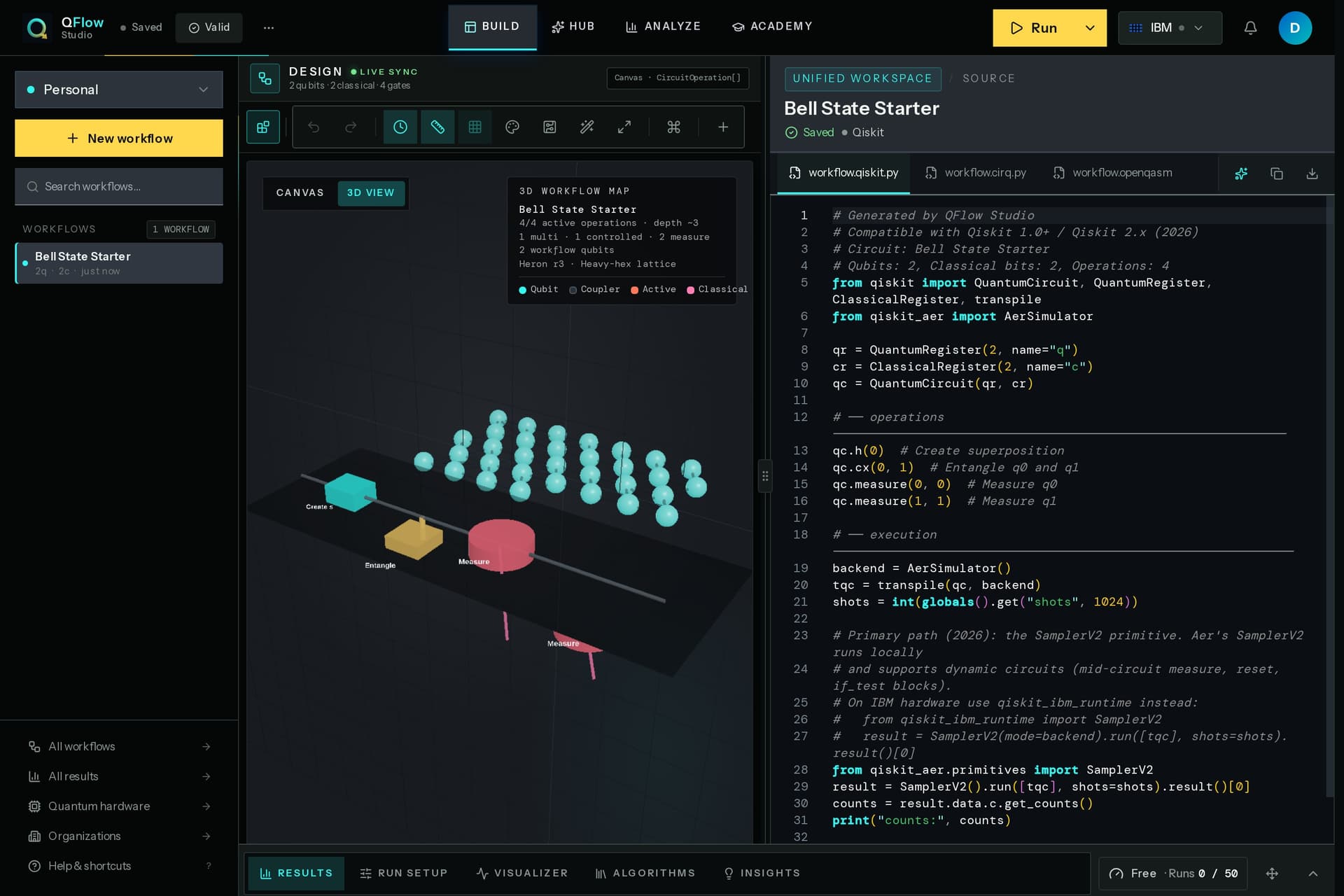 Pantalla de producto de QFlow Studio para Workflows hibridos cuantico-clasicos