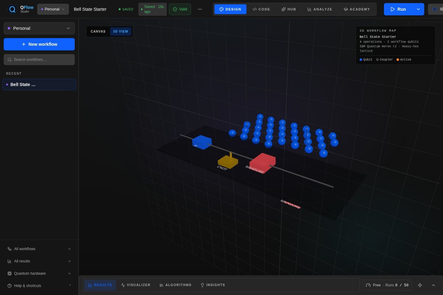 QFlow 3D topology view for hybrid quantum-classical workflow review
