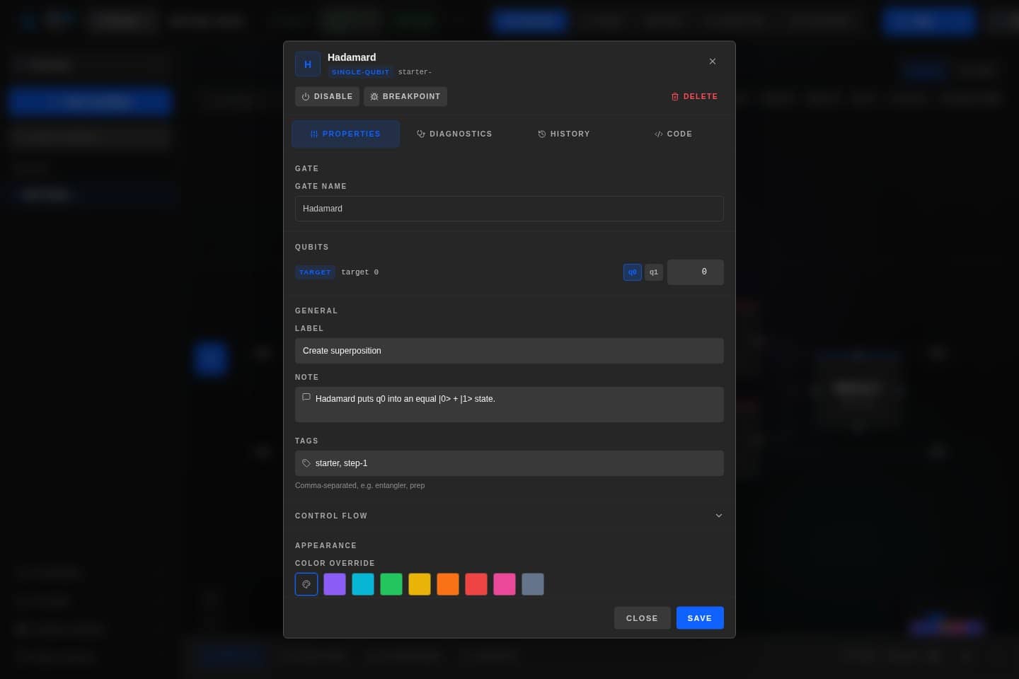 QFlow Studio block inspector showing properties for a selected gate