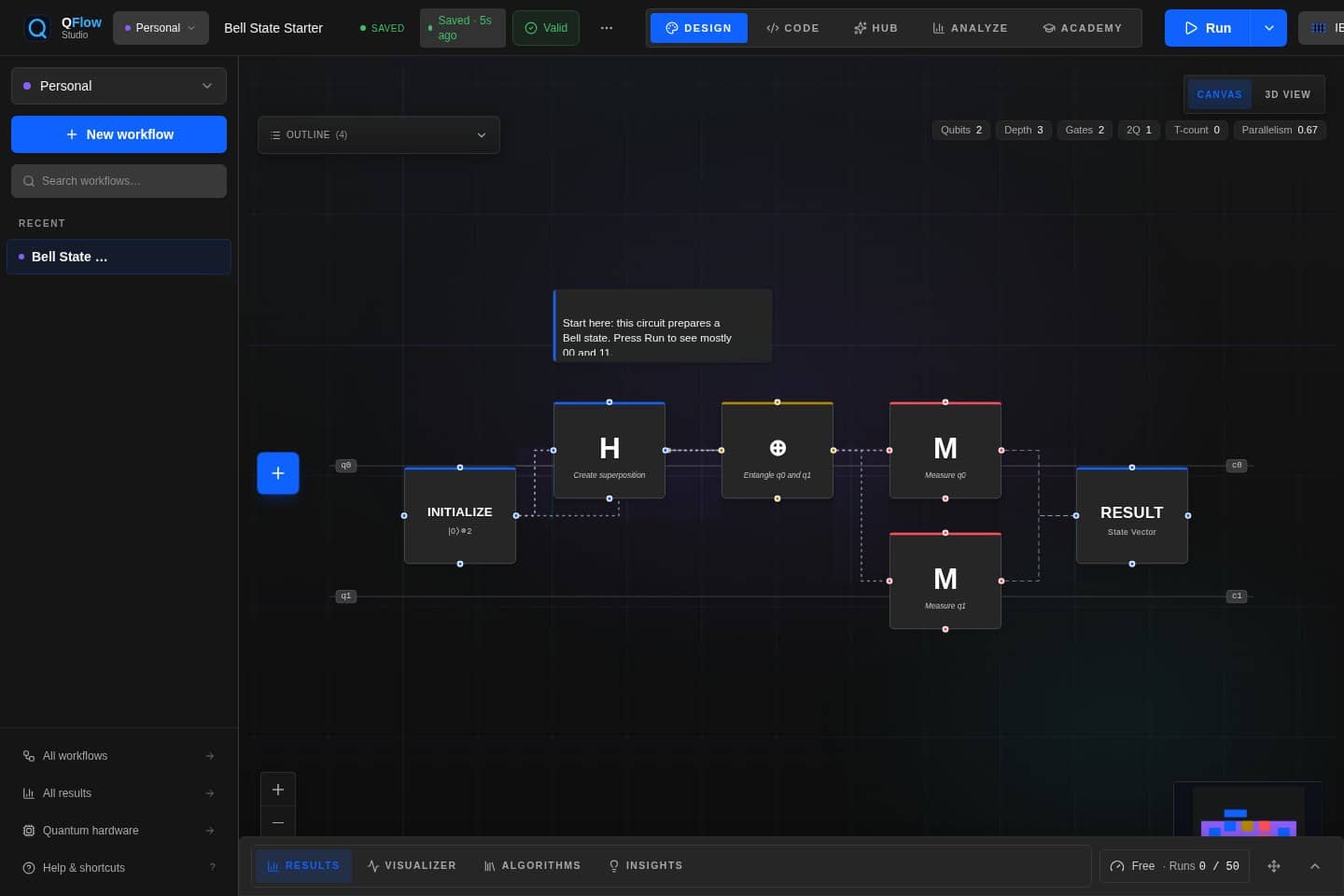 QFlow Studio signed-in canvas with workflow blocks, top tabs, and run controls