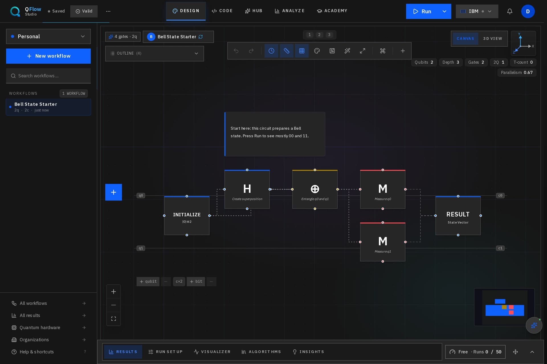 QFlow Studio canvas showing a quantum workflow from blocks to run controls