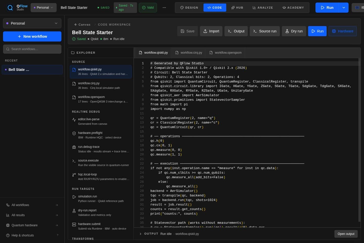 QFlow Studio code tab with generated quantum circuit source