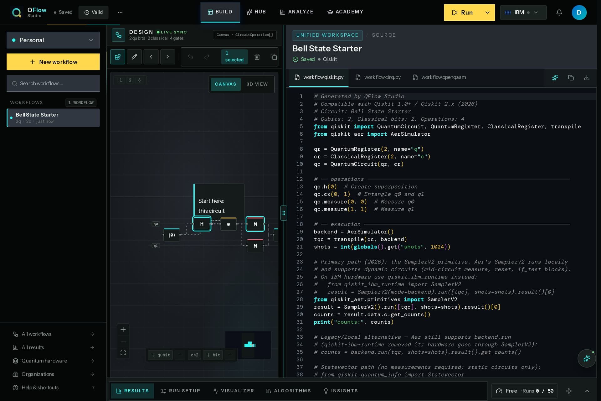 QFlow Studio code workspace screen.