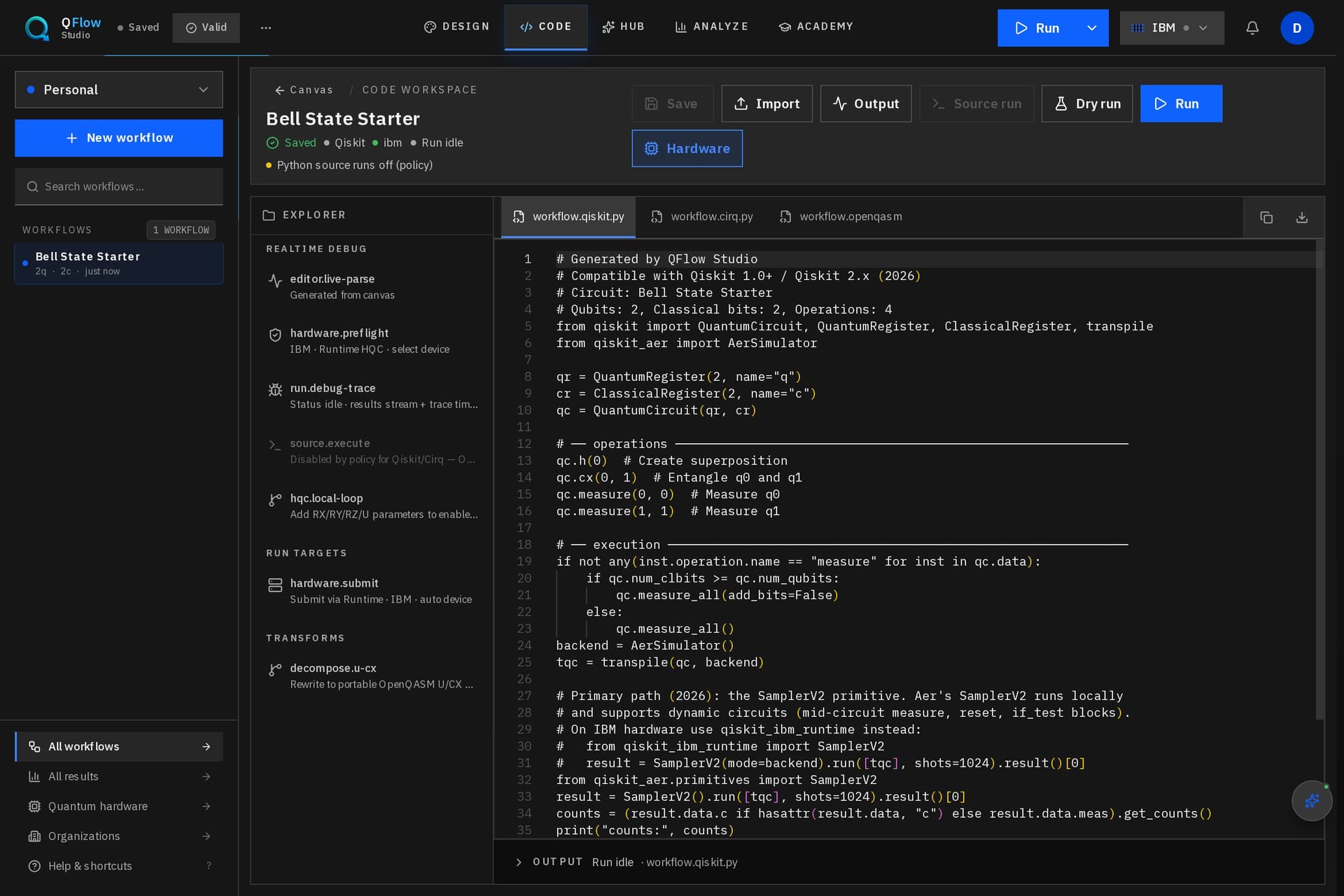 QFlow Studio code workspace screen.