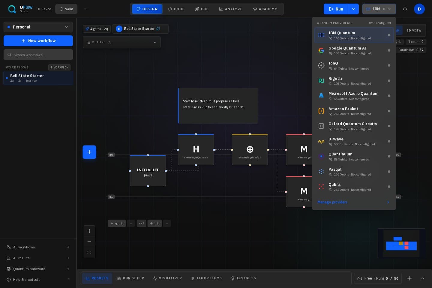 QFlow Studio provider selector for a quantum workflow