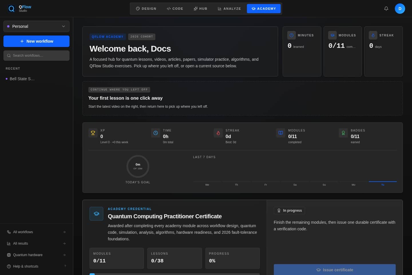 QFlow Studio teacher academy overview captured without admin data