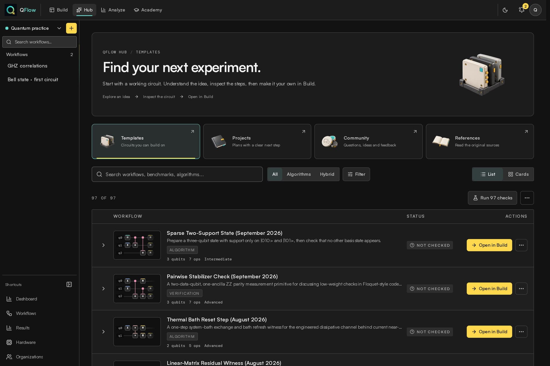 QFlow Hub catalog with template and source information