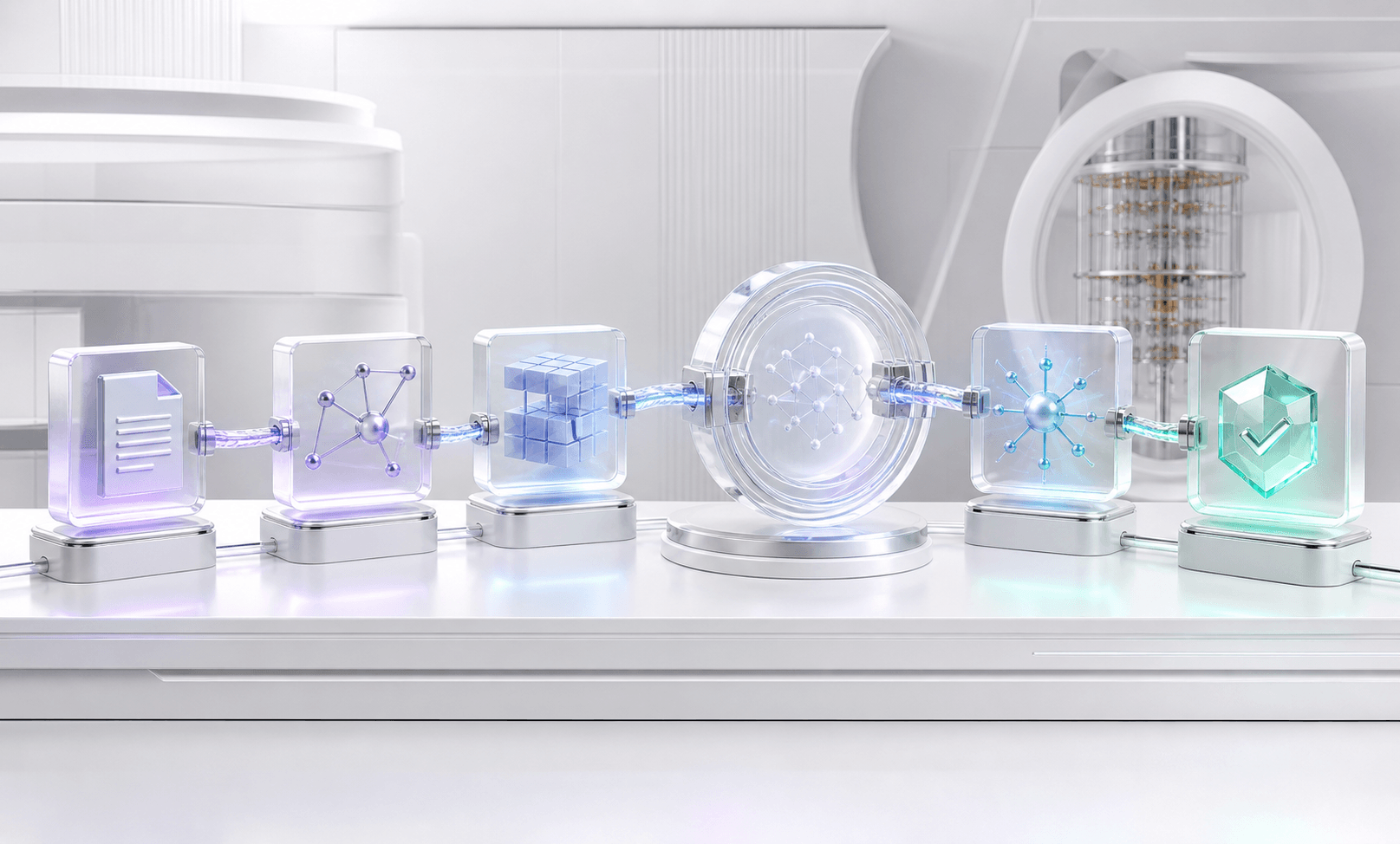 Abstract quantum workflow stages connected by a luminous cyan route
