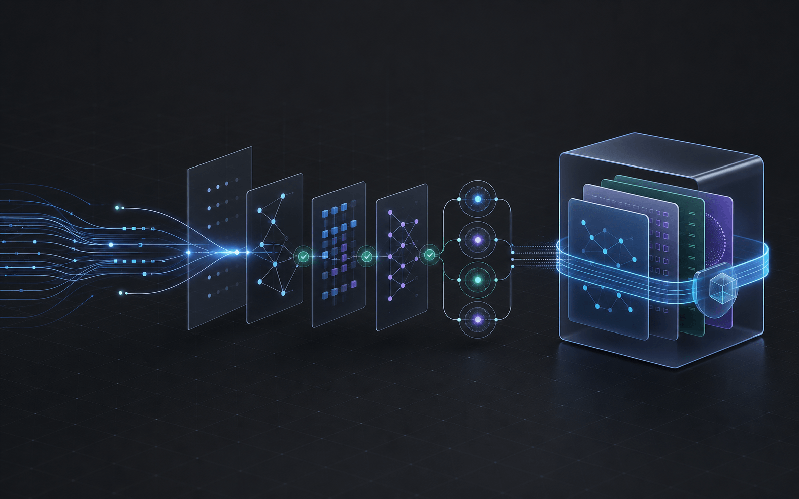 An evidence trace connecting a quantum workflow, verification layers, measured states, and a protected review packet