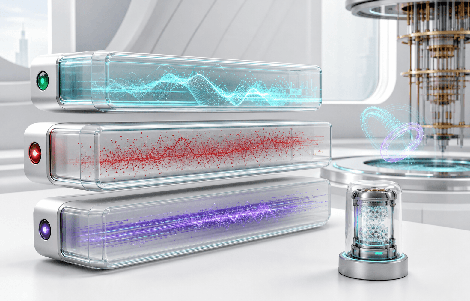 Abstract quantum run history represented by layered result plates and a trace ring