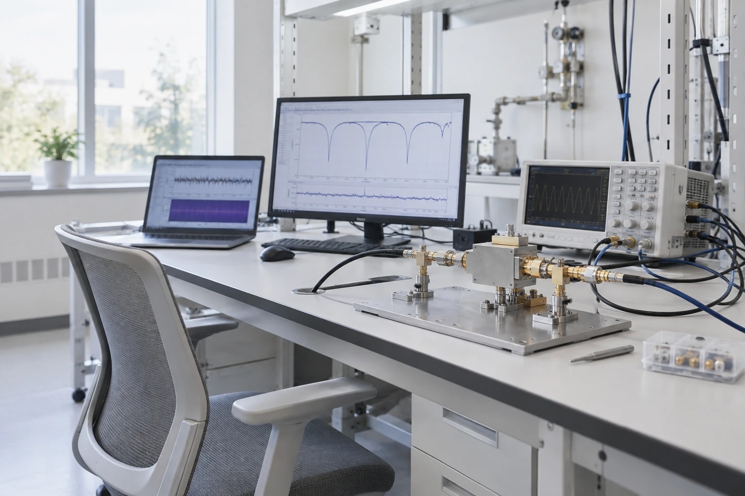 Laboratory scene: A laboratory analysis workstation with a laptop, monitor and connected microwave test fixture