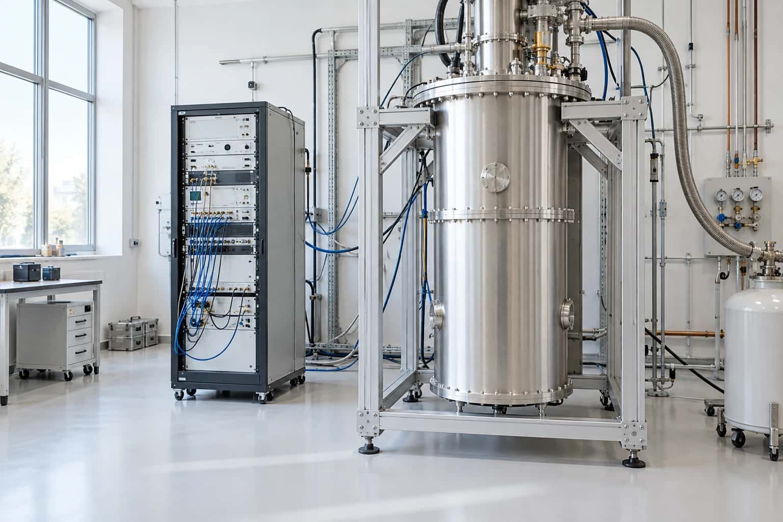 Laboratory scene: A closed stainless-steel dilution refrigerator and microwave control rack in a bright white quantum laboratory