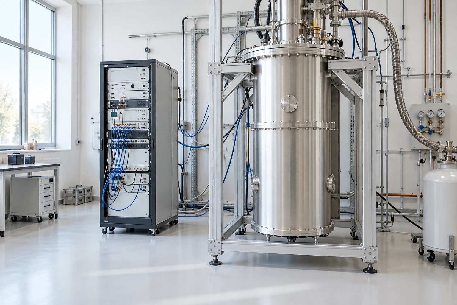 Laboratory scene: A closed stainless-steel dilution refrigerator and microwave control rack in a bright white quantum laboratory