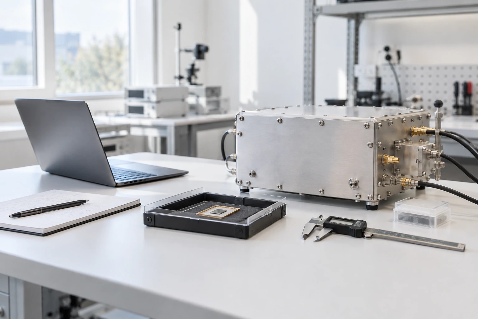 Laboratory scene: Packaged electronics and inspection tools organized on a pale laboratory review bench