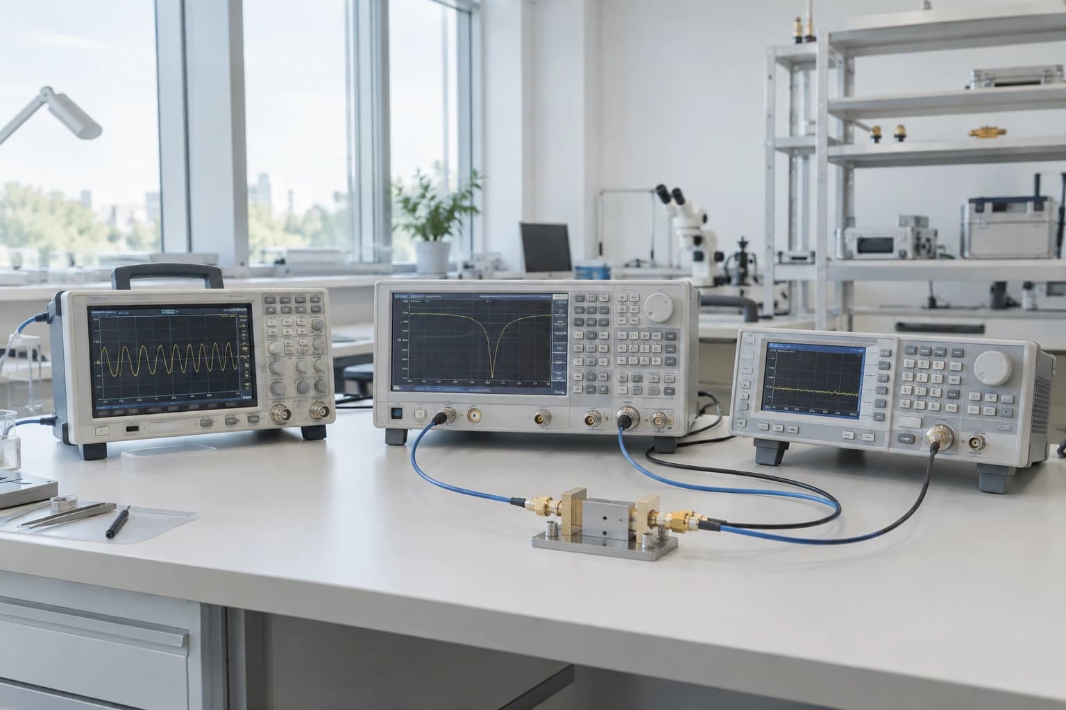 Laboratory scene: Oscilloscope, network analyzer and connected test fixture on a clean white measurement bench