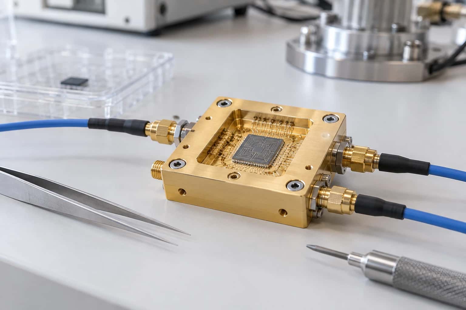 Laboratory scene: A silicon quantum processor in a small gold-plated microwave package with wire bonds and connectors