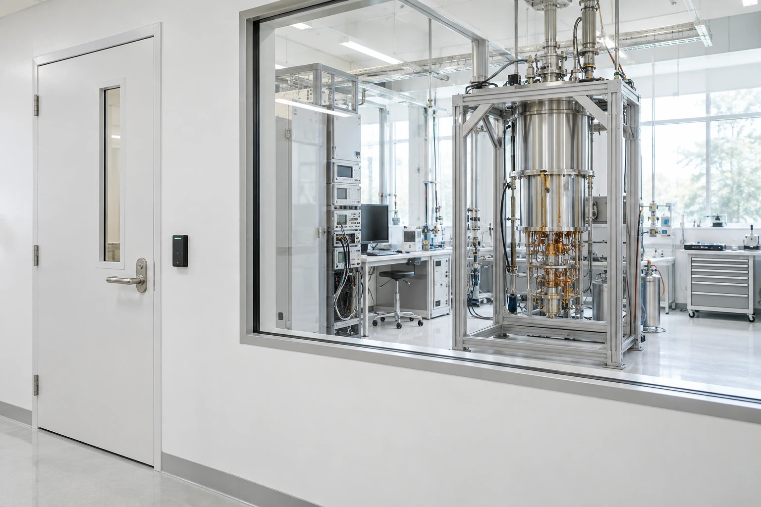 Laboratory scene: A white laboratory entrance with a badge reader and observation window