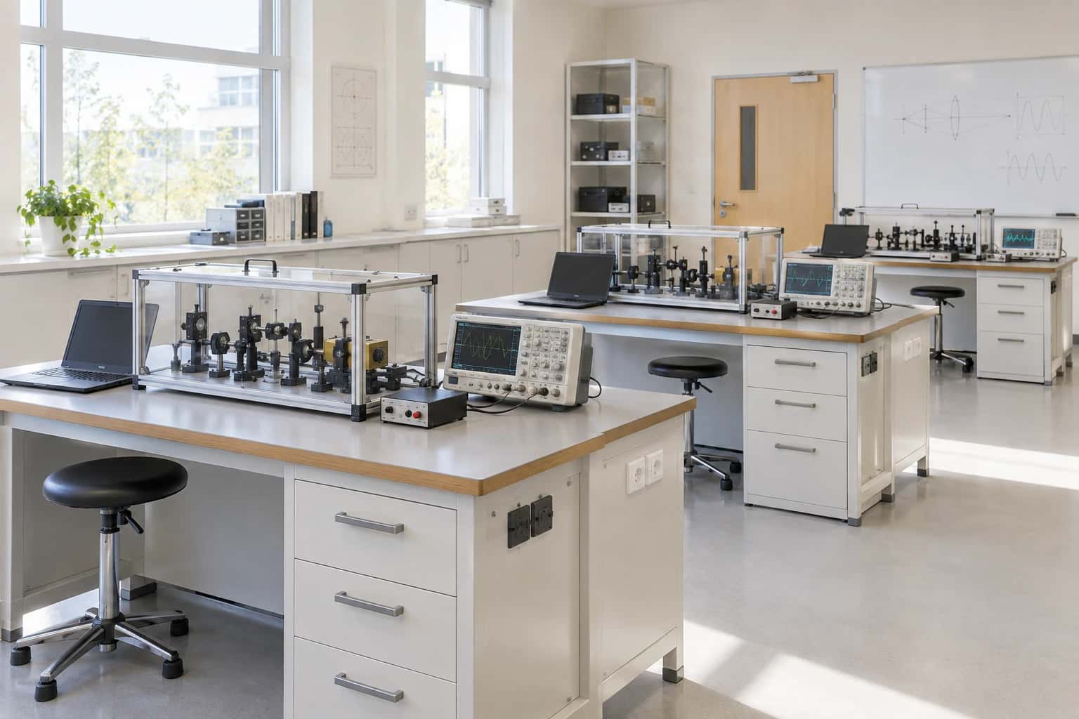 Laboratory scene: Bright physics teaching benches with oscilloscopes, enclosed optics apparatus and laptops