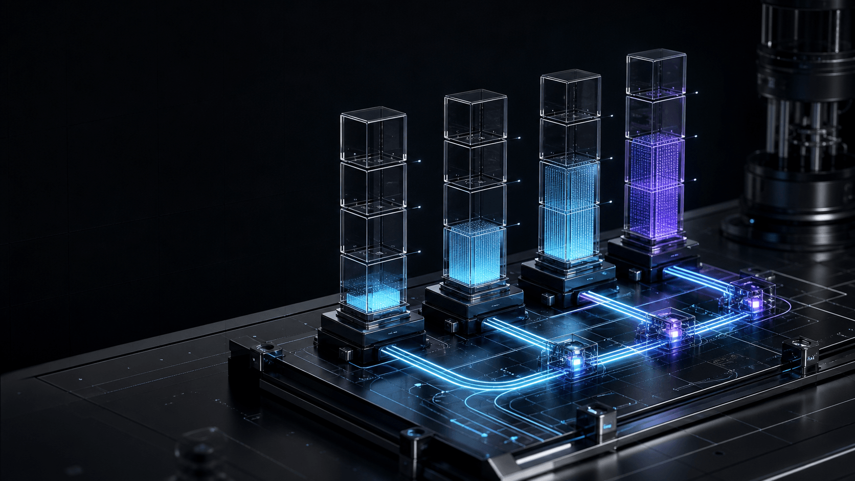 Five illuminated capacity towers representing QFlow plan levels and increasing workflow headroom