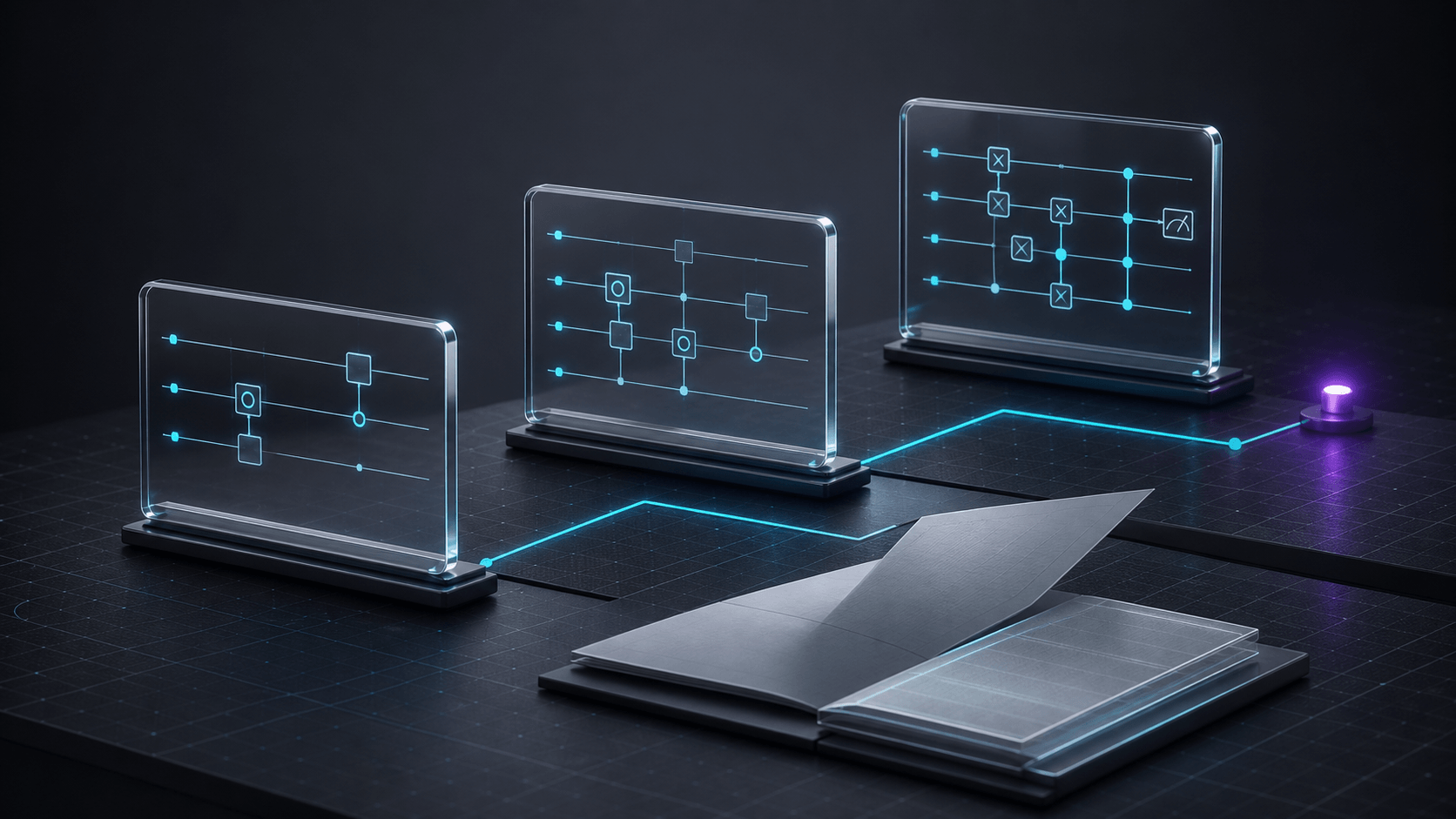 Connected quantum circuit panels representing a guided student lab path