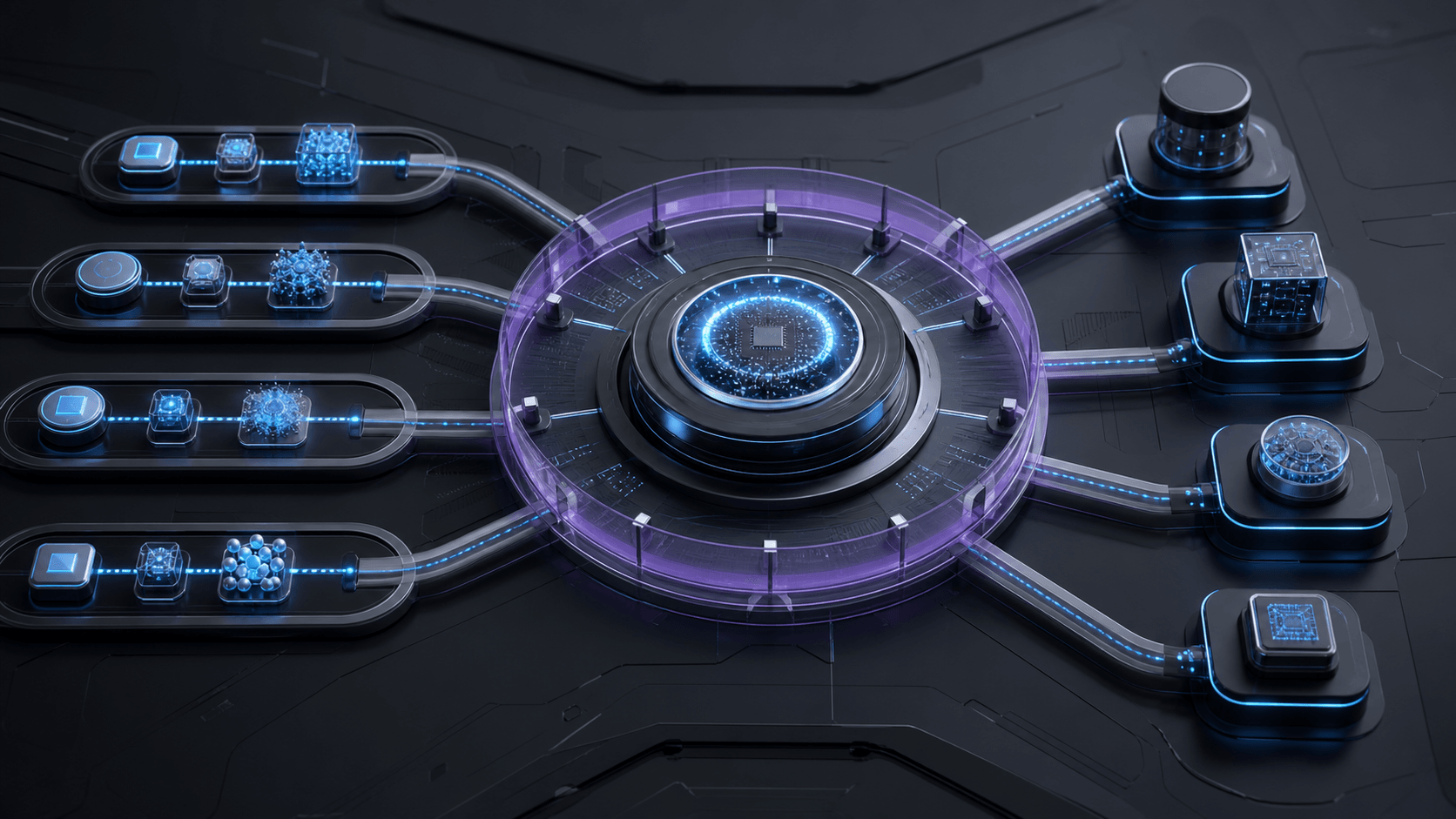 Connected quantum workflow lanes converging into a protected team control hub