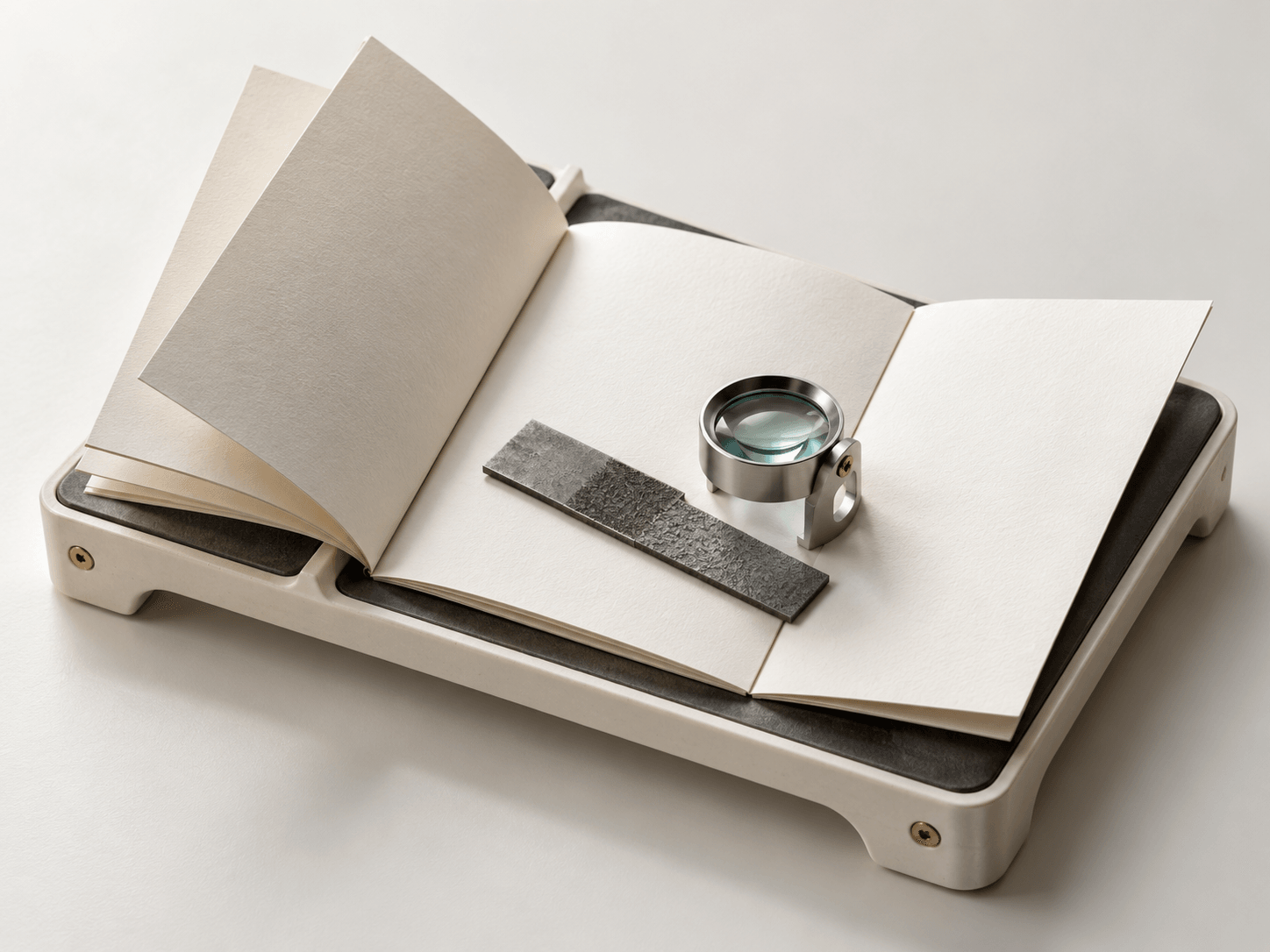 Unprinted paper folios and a small optical loupe on a scientific editor’s desk.