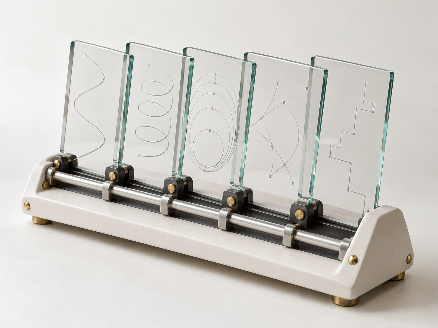 Five glass reference plates with distinct etched paths in a precision index rack.