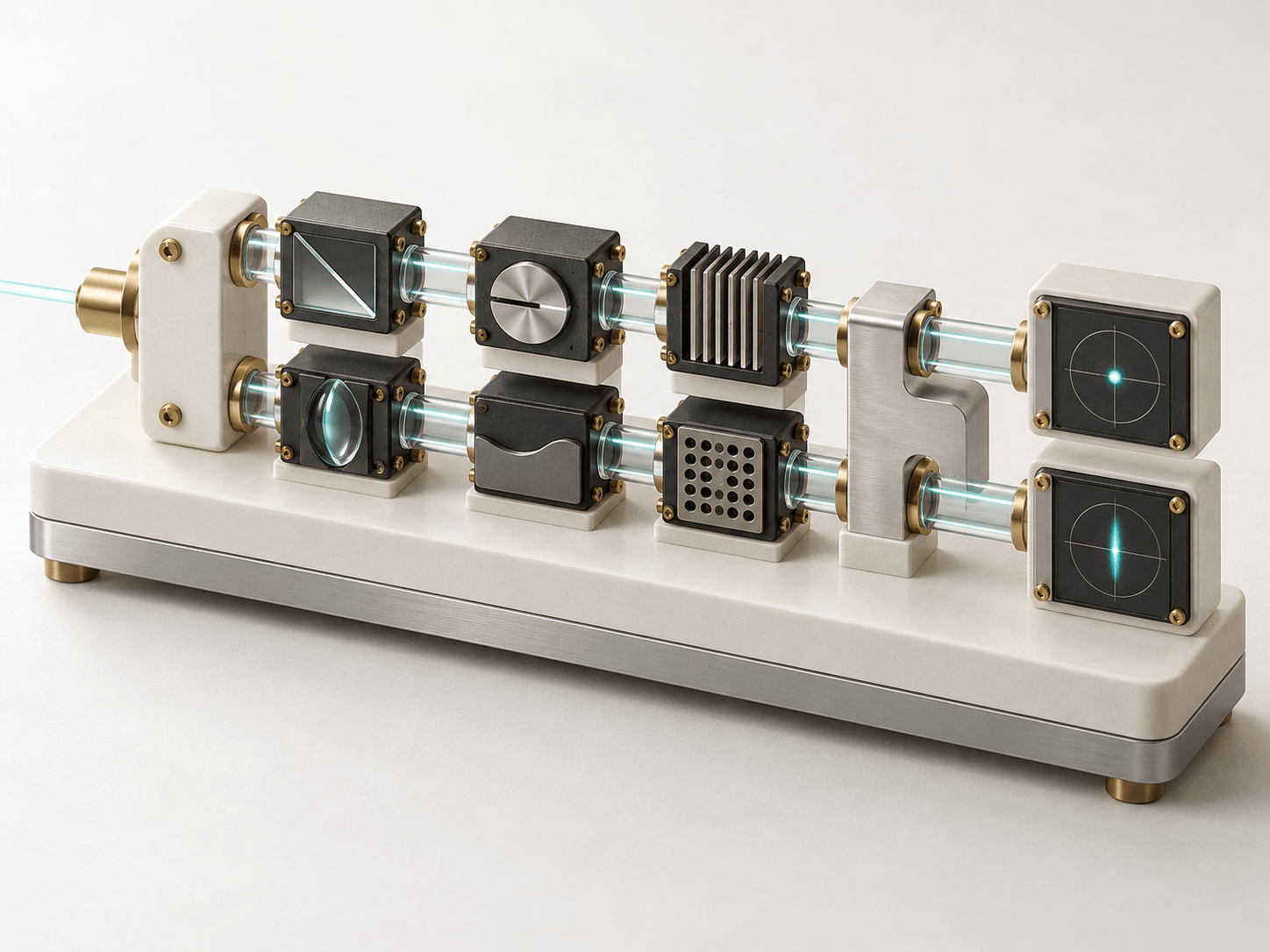 A modular teaching board with two glass paths, removable gates and two output tiles.