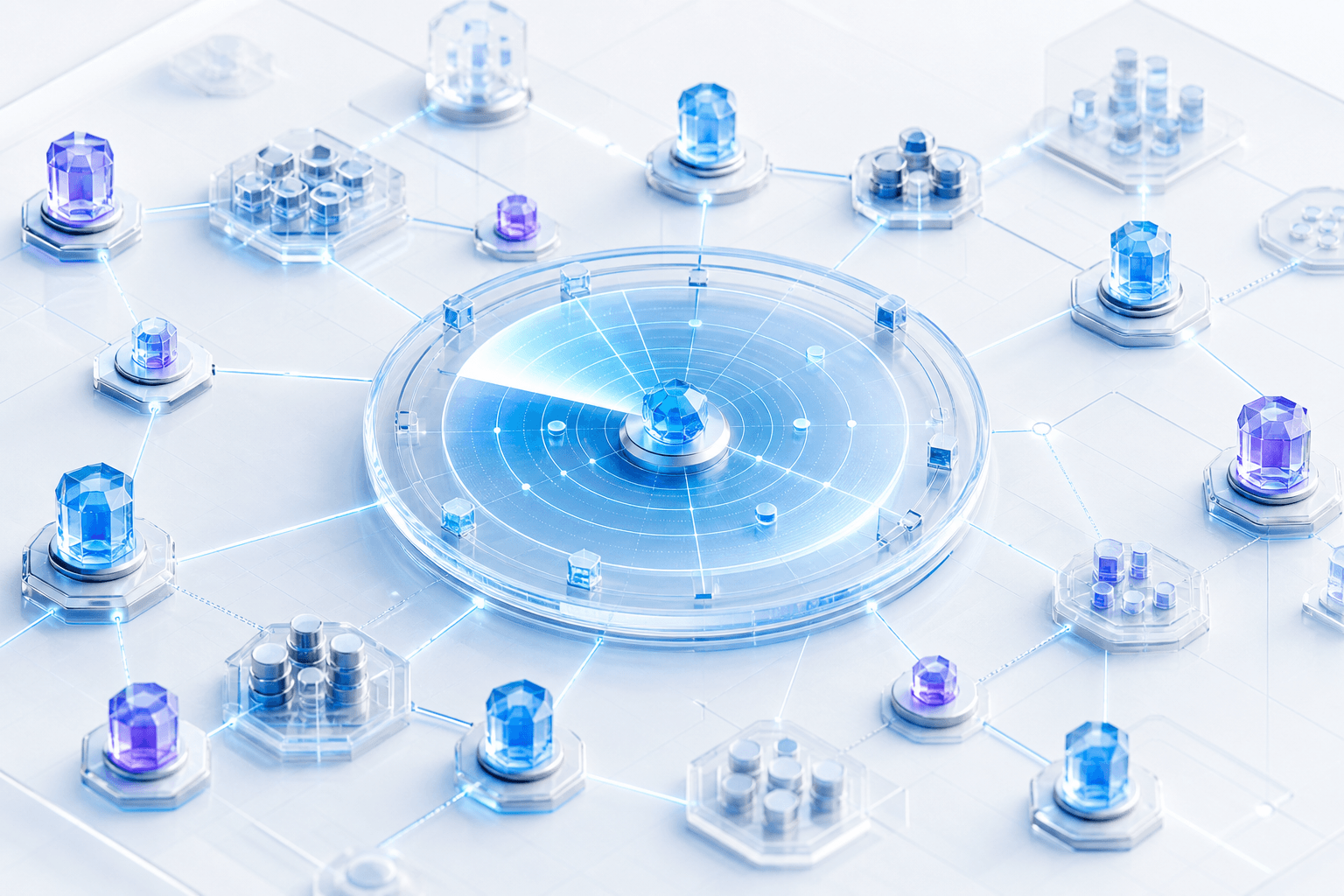 Light 3D visualization of a cryptographic inventory radar and connected dependency nodes