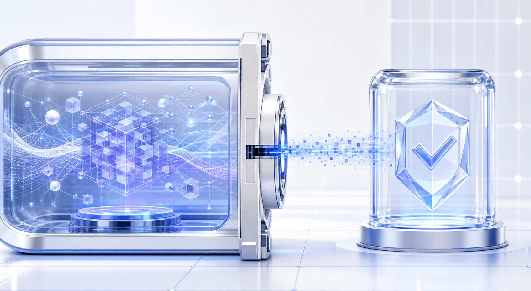 Light 3D visualization of a sealed quantum execution chamber becoming verified reviewer-safe evidence